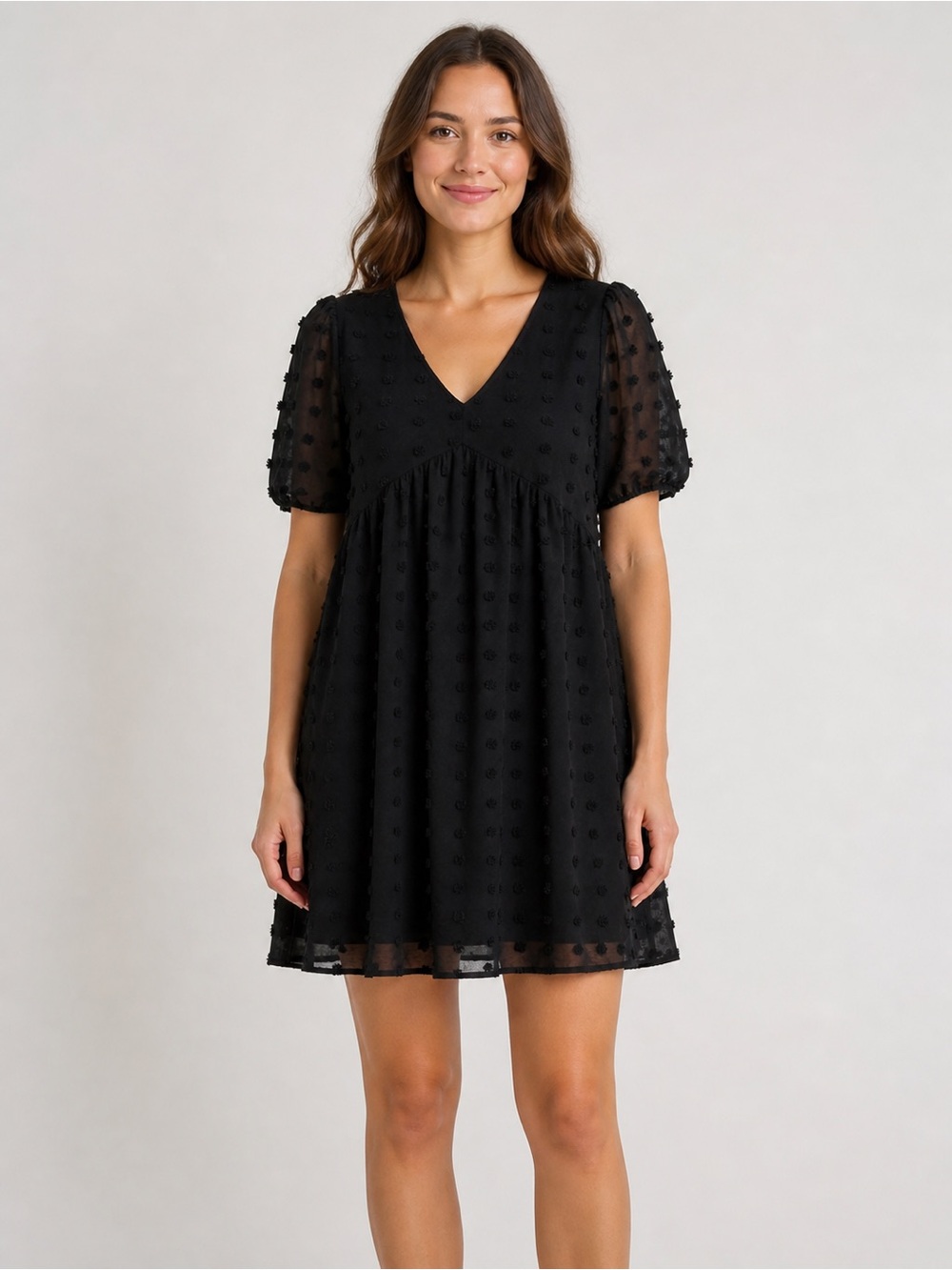 Textured Black V-Neck Mini Dress with Puff Sleeves